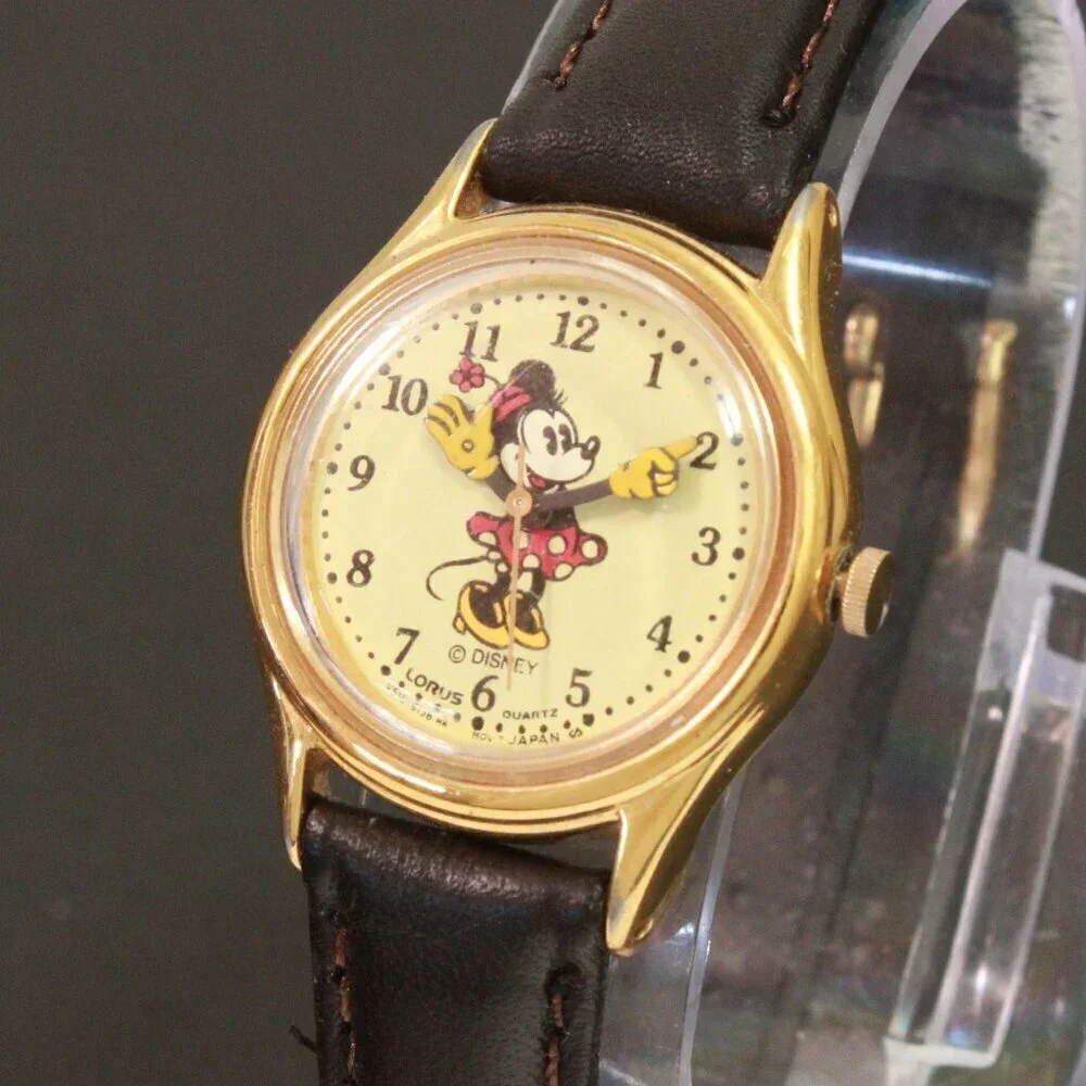 Lorus Ladies Mini Mouse Watch Gold Tone Case New Brown Leather Strap And Battery